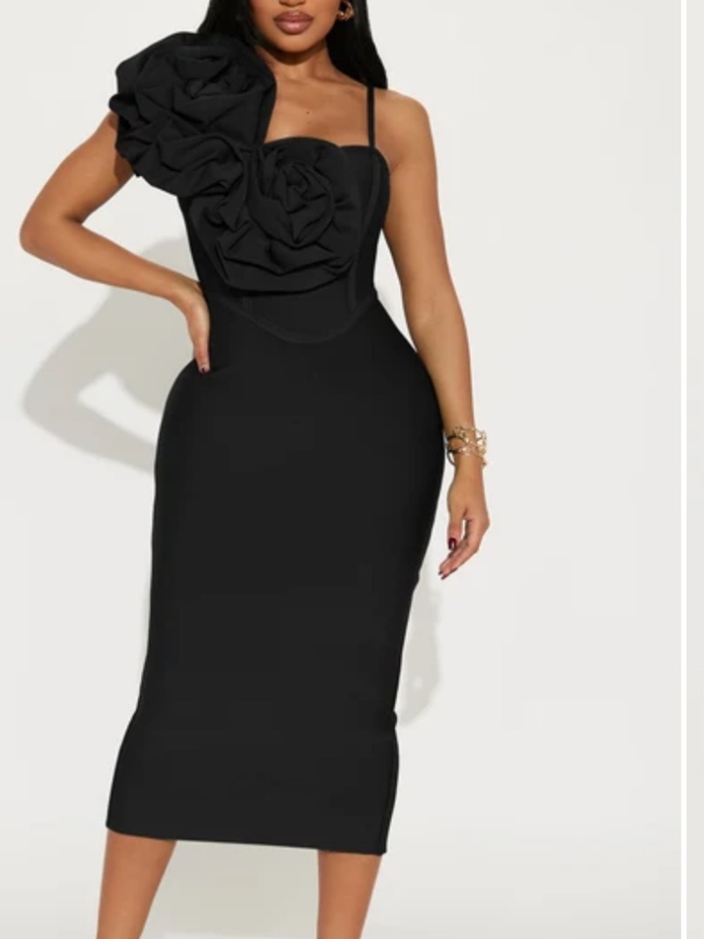 Fashion Nova Black One-Shoulder Ruffle Bandage Midi Dress